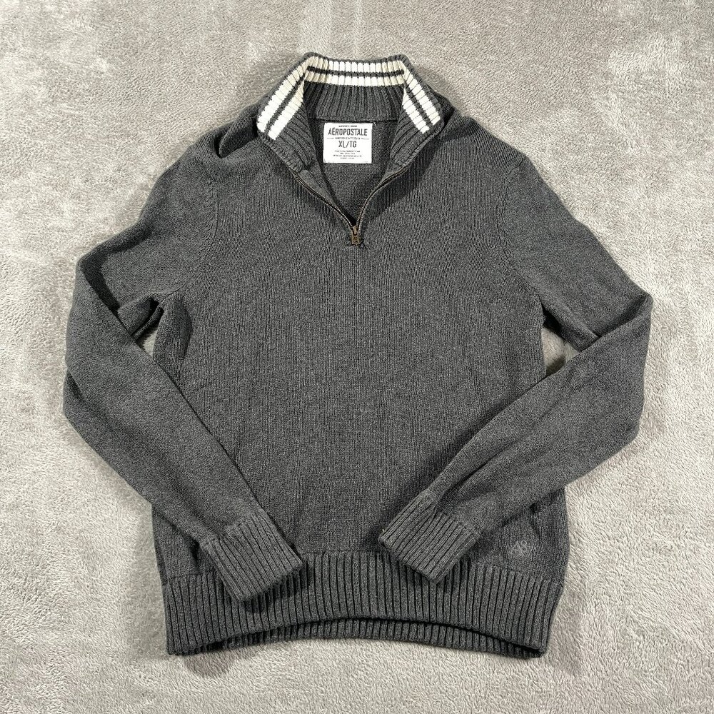 Aeropostale Mens Gray 1/4 Zip Pullover Sweater 987 XL Ribbed Collar Lounge Cozy